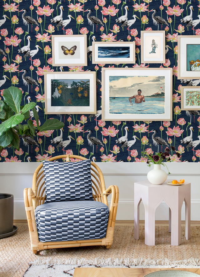 Barton Navy Heron Wallpaper with Lotus Pond Chinoiserie Motif - A-Street Prints 4081-87550