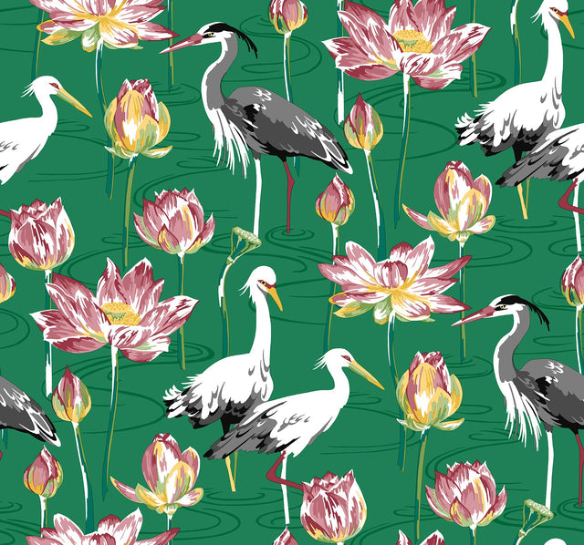 Barton Green Heron Wallpaper with Chinoiserie Lotus and Birds - A-Street Prints 4081-87551
