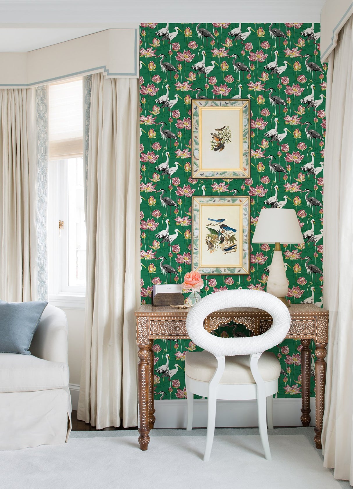Barton Green Heron Wallpaper with Chinoiserie Lotus and Birds - A-Street Prints 4081-87551