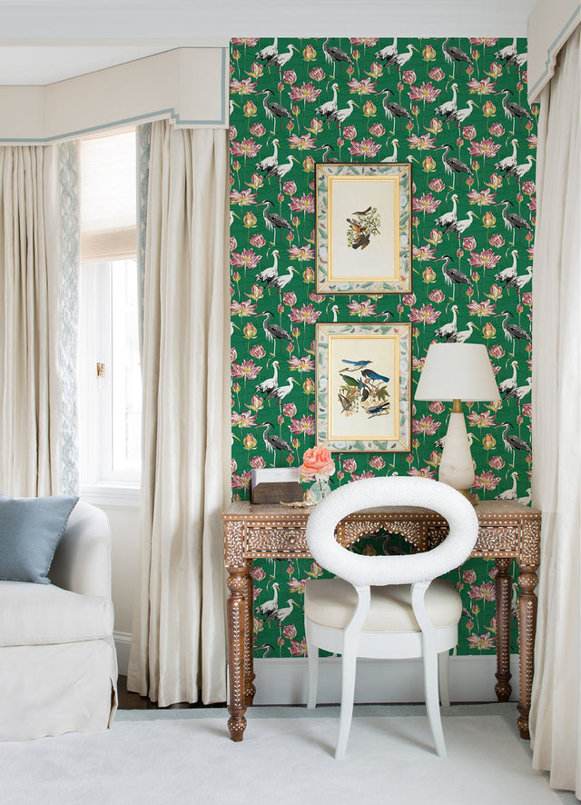 Barton Green Heron Wallpaper with Chinoiserie Lotus and Birds - A-Street Prints 4081-87551
