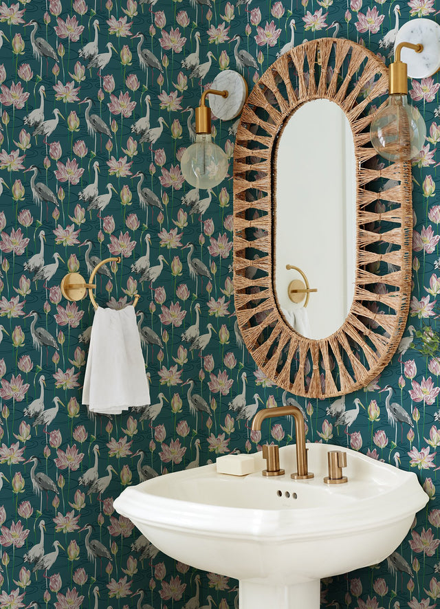 Barton Teal Heron Wallpaper with Eclectic Chinoiserie Bird & Lotus Motif - A-Street Prints 4081-87552