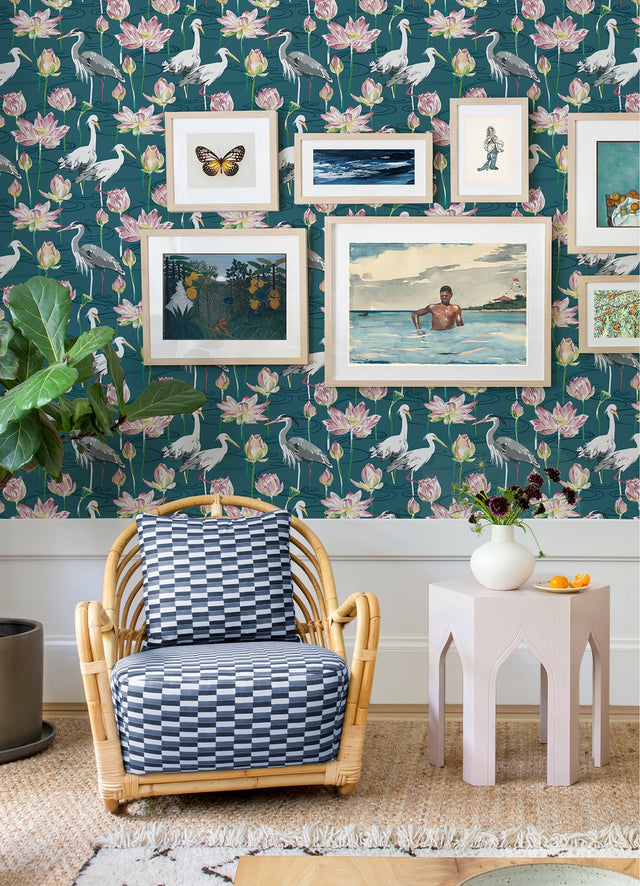 Barton Teal Heron Wallpaper with Eclectic Chinoiserie Bird & Lotus Motif - A-Street Prints 4081-87552