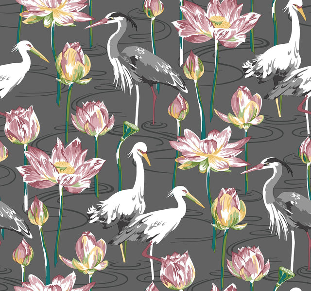 Barton Grey Heron Wallpaper with Eclectic Chinoiserie Lotus and Birds Pattern - A-Street Prints 4081-87553