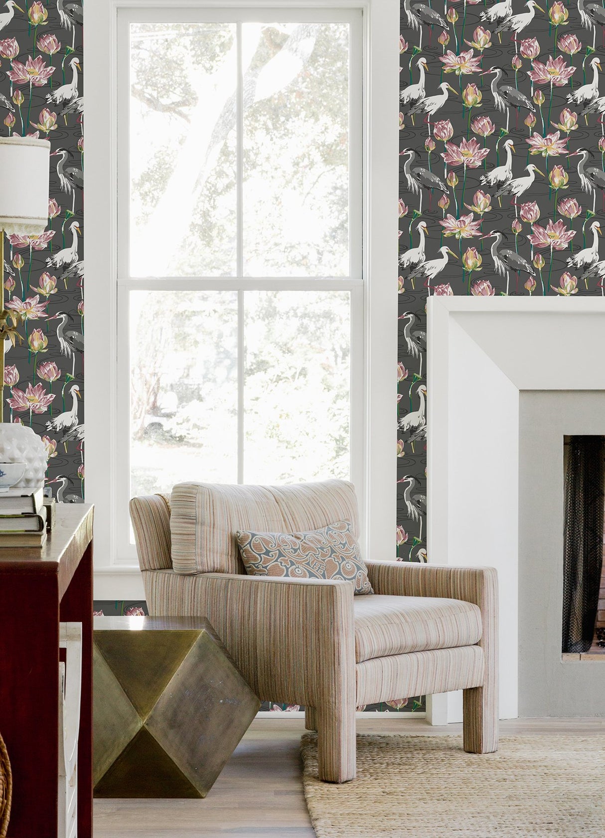 Barton Grey Heron Wallpaper with Eclectic Chinoiserie Lotus and Birds Pattern - A-Street Prints 4081-87553