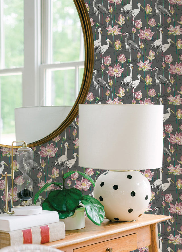 Barton Grey Heron Wallpaper with Eclectic Chinoiserie Lotus and Birds Pattern - A-Street Prints 4081-87553