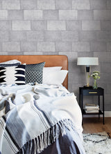 Lyell Light Grey Stone Textured Wallpaper with Farmhouse Graphics Pattern - Advantage 4082-382011