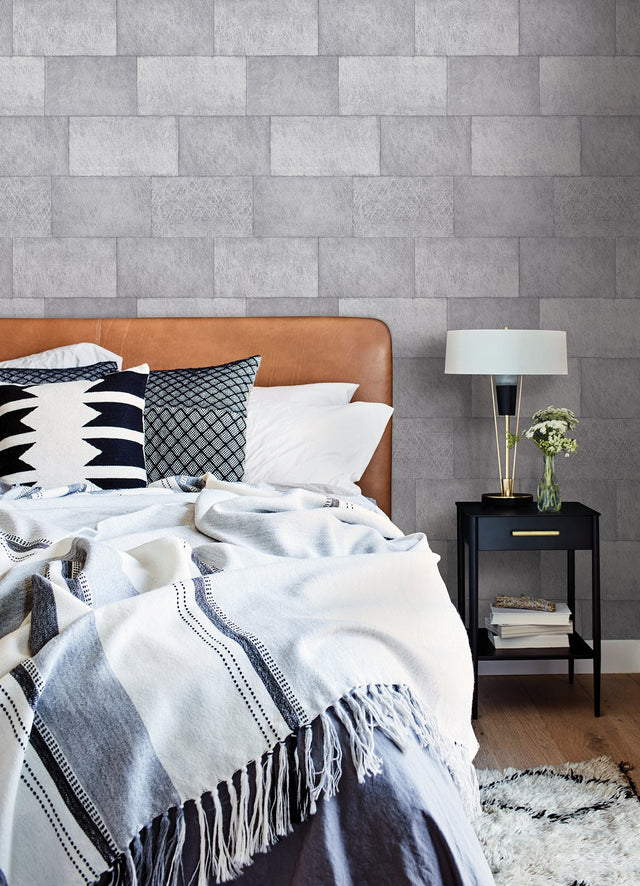 Lyell Light Grey Stone Textured Wallpaper with Farmhouse Graphics Pattern - Advantage 4082-382011