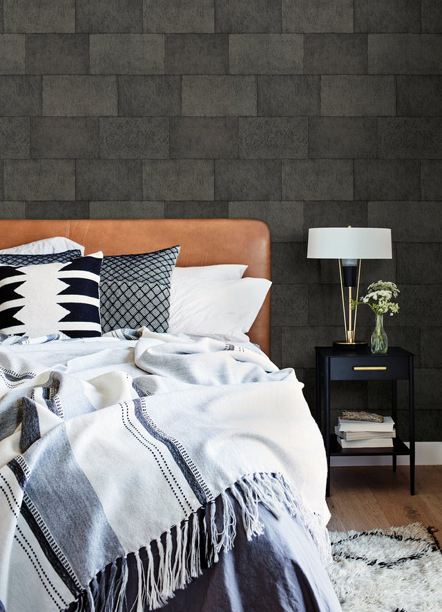 Lyell Charcoal Stone Textured Wallpaper with Farmhouse Graphics Pattern - Advantage 4082-382016