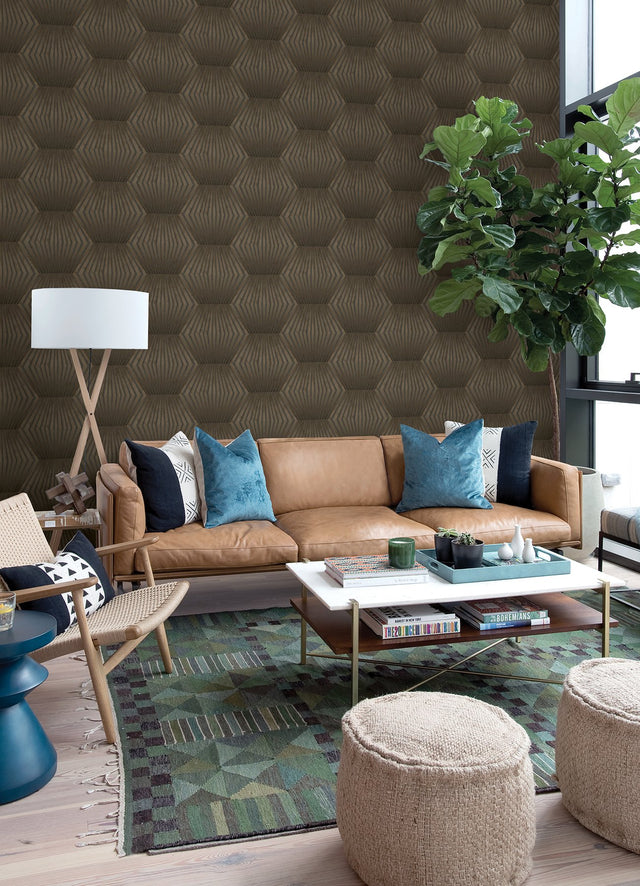 Lehnmann Coffee Geo Wallpaper with Metallic Textured Geometric Honeycomb - Advantage 4082-382042