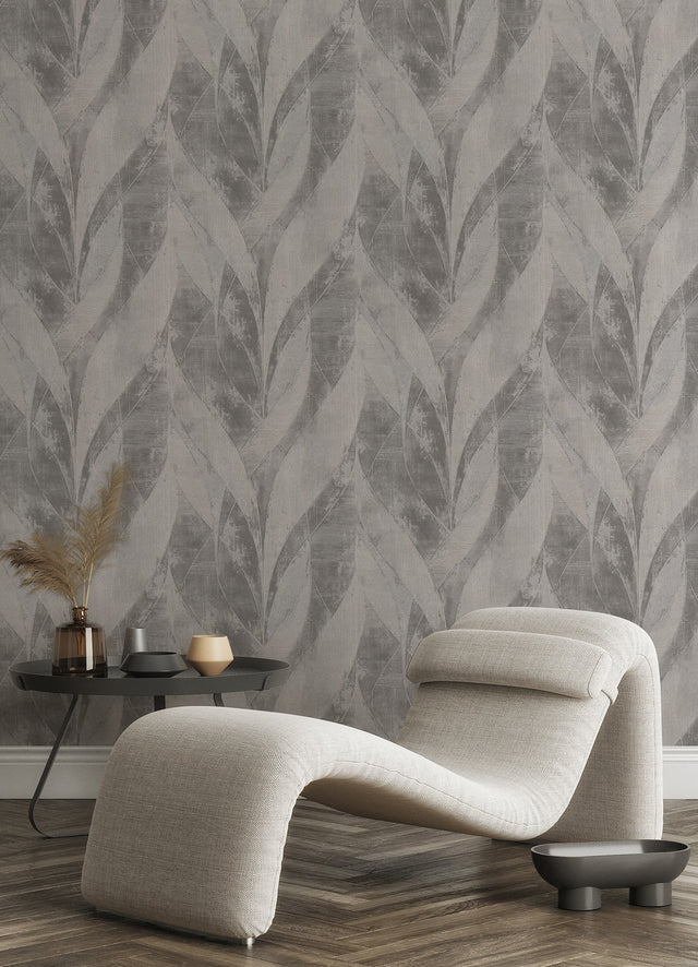 Blake Sterling Leaf Wallpaper with Metallic Textured Botanical Geometric Motif - Advantage 4096-520040