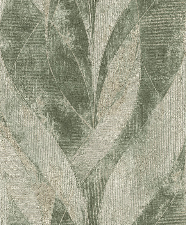 Blake Moss Leaf Green Textured Metallic Wallpaper with Botanical Geometric Pattern - Advantage 4096-520057