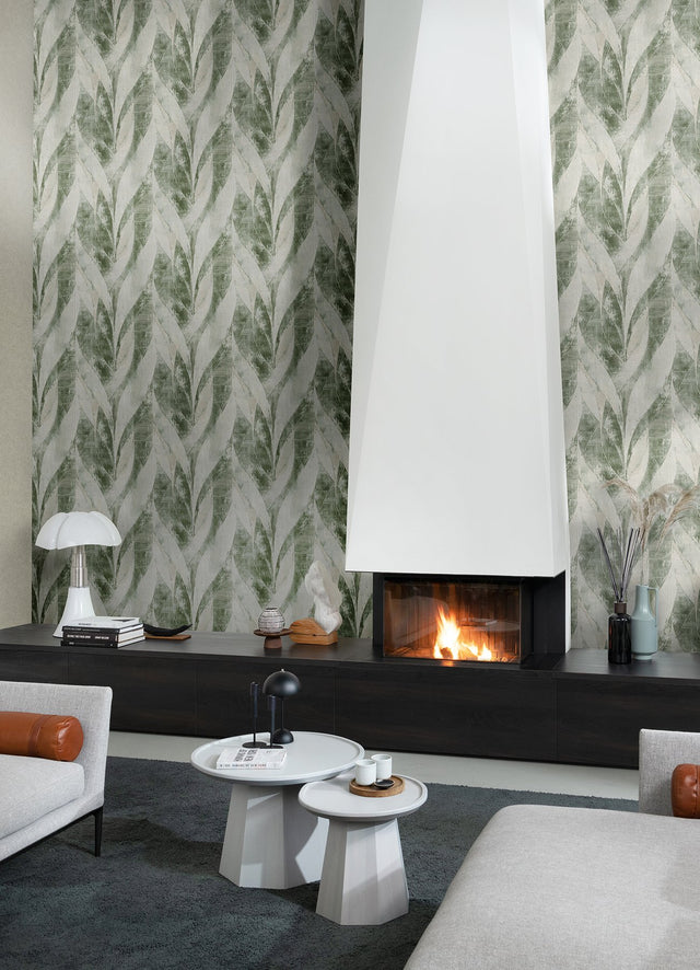 Blake Moss Leaf Green Textured Metallic Wallpaper with Botanical Geometric Pattern - Advantage 4096-520057