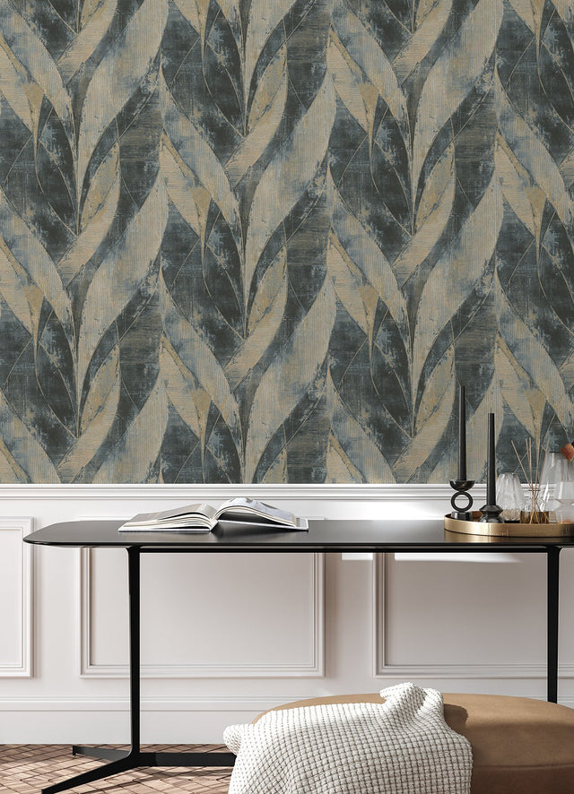 Blake Denim Leaf Wallpaper with Modern Botanical Geometric Motif - Advantage 4096-520064