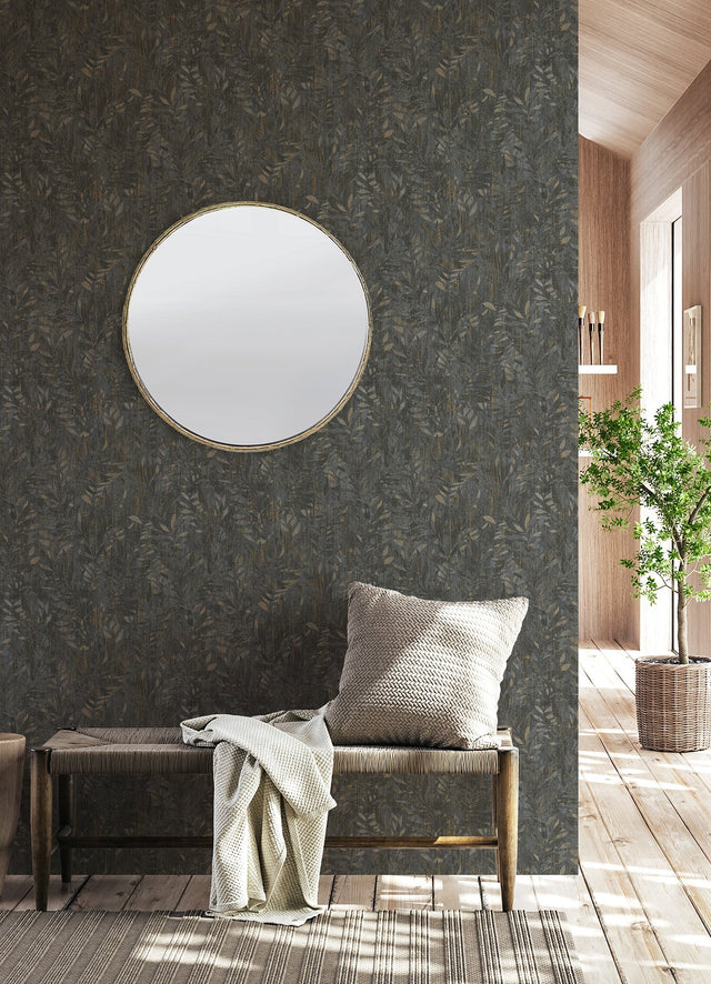 Beck Charcoal Leak Wallpaper with Modern Botanical Metallic Texture - Advantage 4096-561289