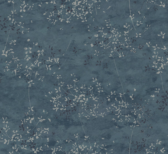 Arian Blue Inkburst Wallpaper with Metallic Abstract Floral Motif - Brewster 4105-86429