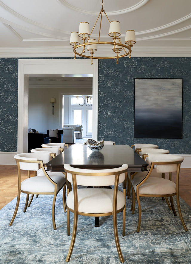 Arian Blue Inkburst Wallpaper with Metallic Abstract Floral Motif - Brewster 4105-86429