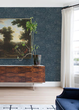 Arian Blue Inkburst Wallpaper with Metallic Abstract Floral Motif - Brewster 4105-86429