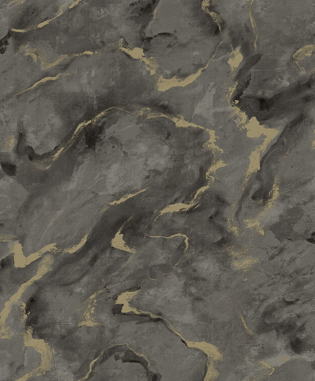 Silenus Charcoal Marbled Wallpaper with Metallic Abstract Glam Motif - Brewster 4105-86602