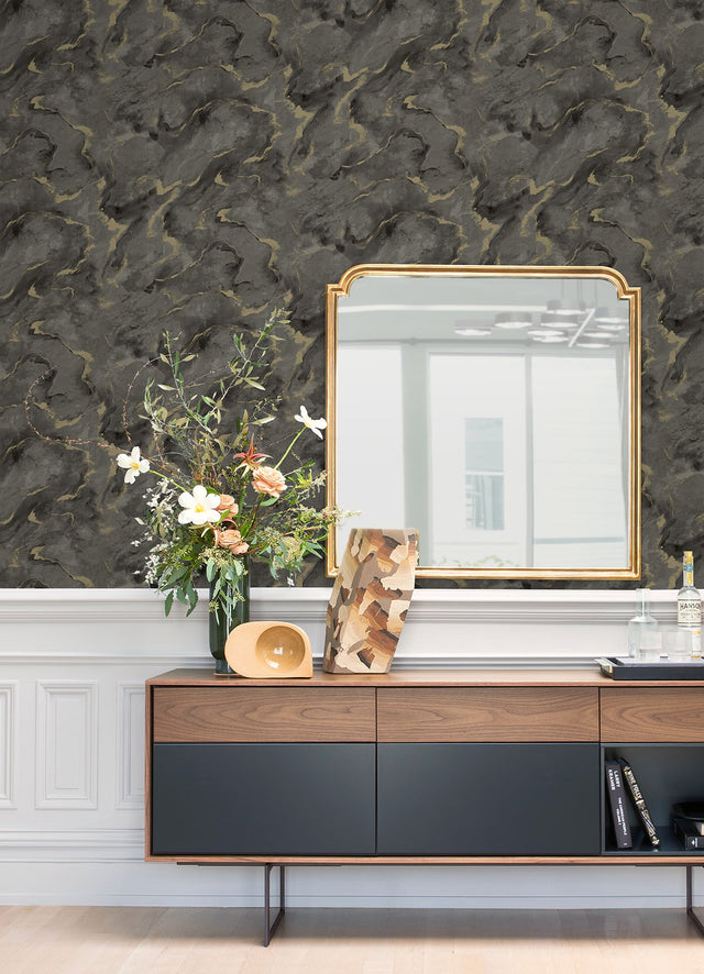 Silenus Charcoal Marbled Wallpaper with Metallic Abstract Glam Motif - Brewster 4105-86602