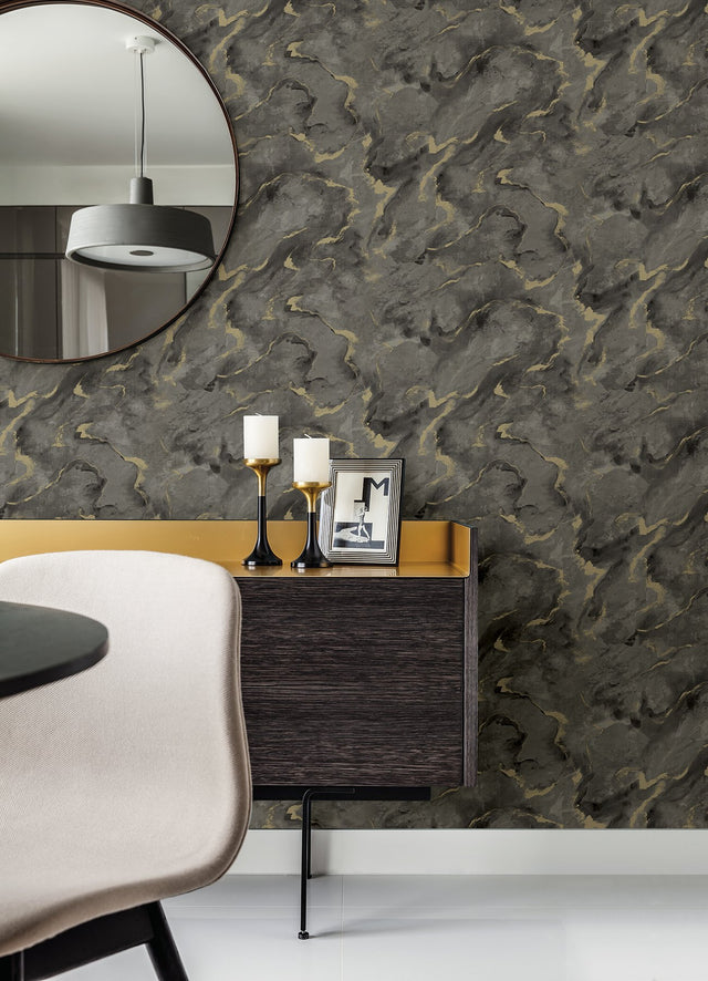 Silenus Charcoal Marbled Wallpaper with Metallic Abstract Glam Motif - Brewster 4105-86602