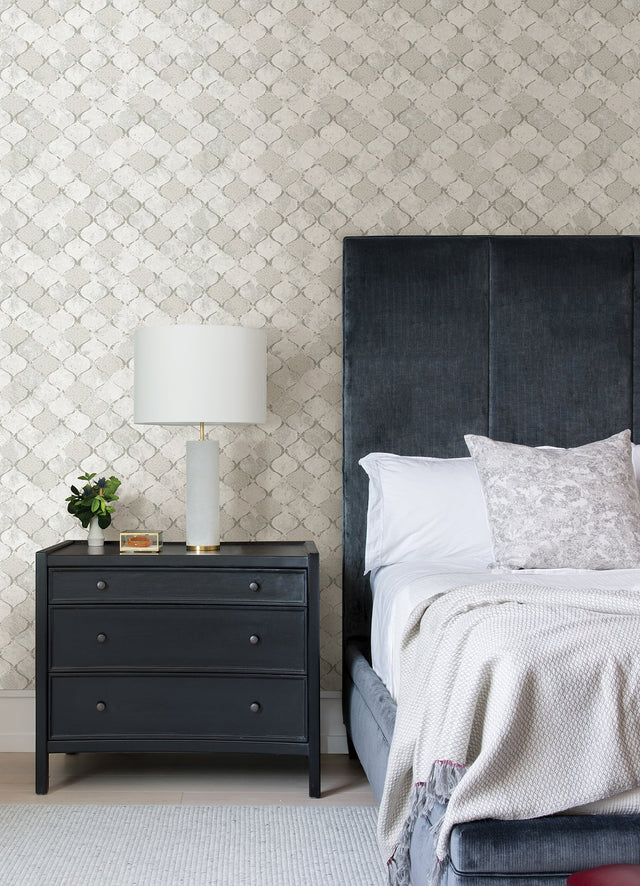 Pilak Silver Ogee Tile Wallpaper with Metallic Geometric Kitchen & Bath Style - A-Street Prints 4105-86608