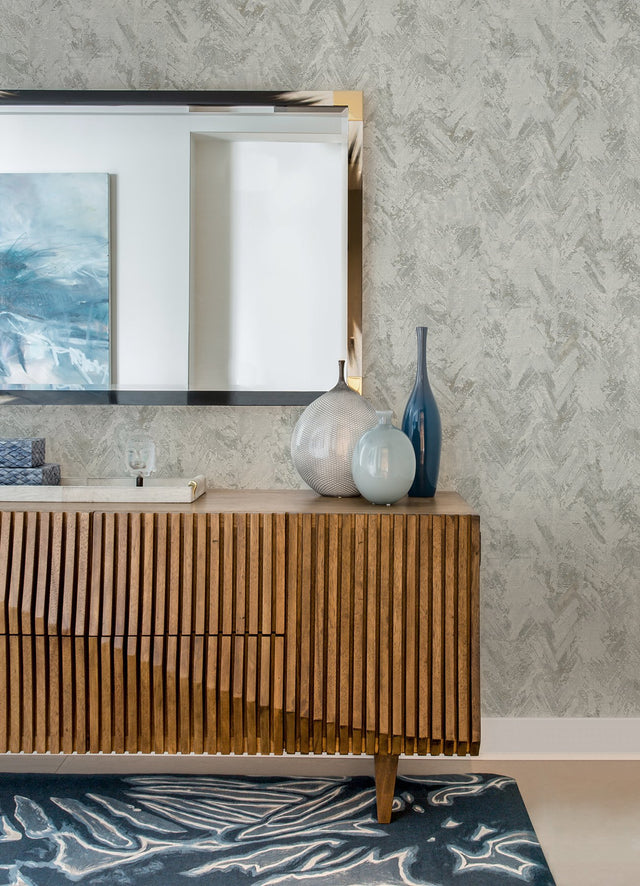 Amesemi Light Grey Distressed Herringbone Wallpaper with Metallic Effect - Brewster 4105-86610