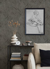 Amesemi Dark Grey Distressed Herringbone Wallpaper with Metallic Accents - A-Street Prints 4105-86611