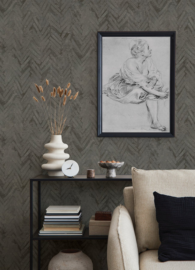 Amesemi Dark Grey Distressed Herringbone Wallpaper with Metallic Accents - A-Street Prints 4105-86611