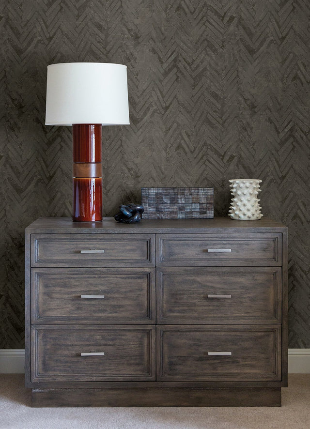 Amesemi Dark Grey Distressed Herringbone Wallpaper with Metallic Accents - A-Street Prints 4105-86611