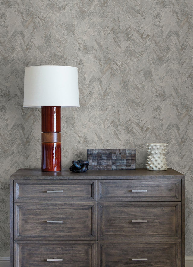Amesemi Grey Distressed Herringbone Wallpaper with Metallic Accents - A-Street Prints 4105-86612