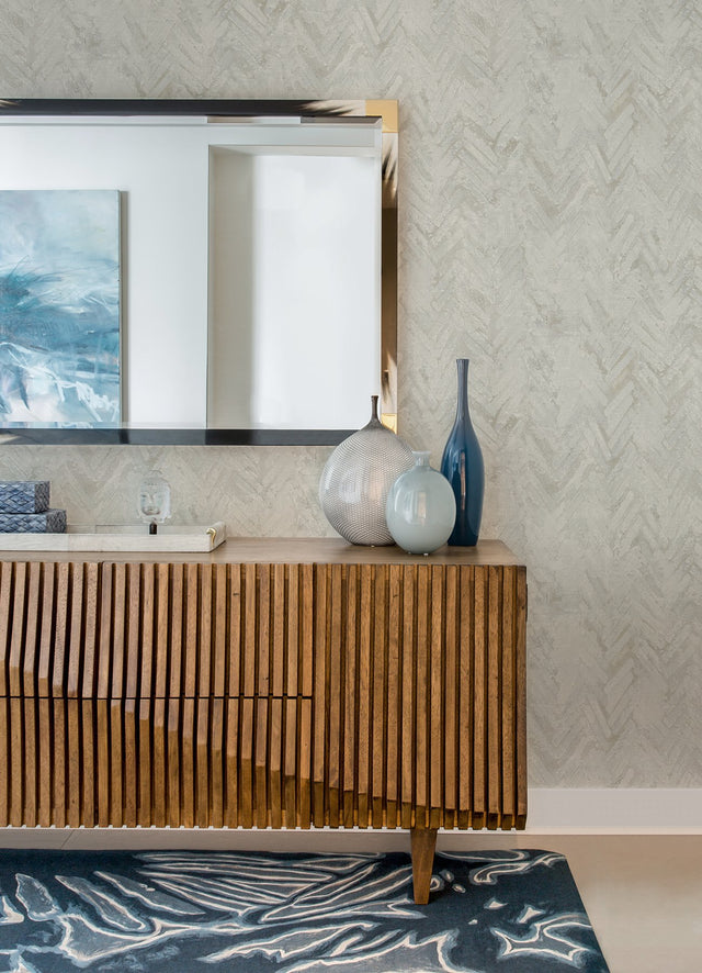 Amesemi Off White Distressed Herringbone Wallpaper with Metallic Effect, Farmhouse Graphics Pattern - Brewster 4105-86614