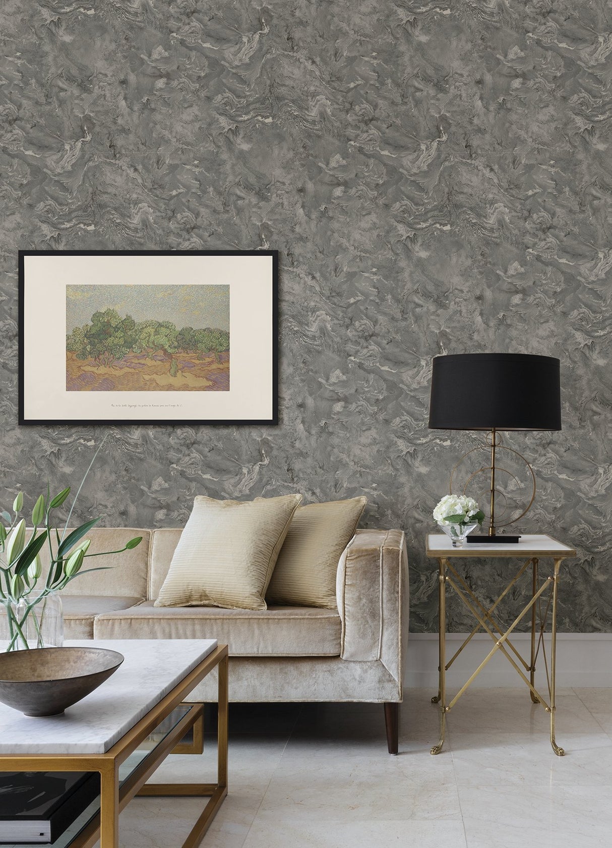 Meness Grey Metallic Marbling Wallpaper with Modern Abstract Non Woven Design - Brewster 4105-86618