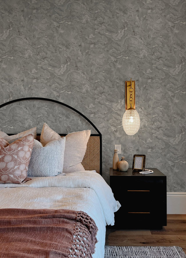 Meness Grey Metallic Marbling Wallpaper with Modern Abstract Non Woven Design - Brewster 4105-86618