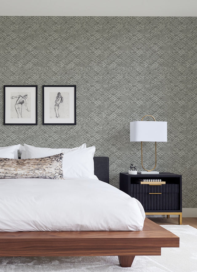 Helene Pewter Glitter Geometric Wallpaper with Glam Non Woven Tribal Diamond Pattern - A-Street Prints 4105-86621