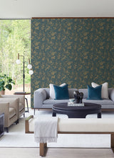 Kupari Blue Trail Wallpaper with Metallic Raised Ink Leaf Vine Pattern - A-Street Prints 4105-86645