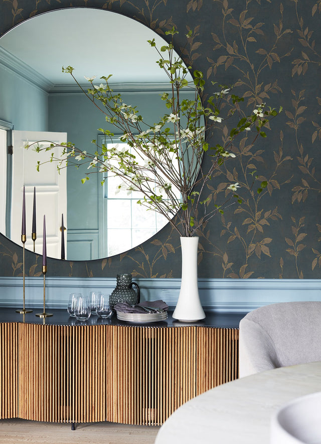 Kupari Blue Trail Wallpaper with Metallic Raised Ink Leaf Vine Pattern - A-Street Prints 4105-86645