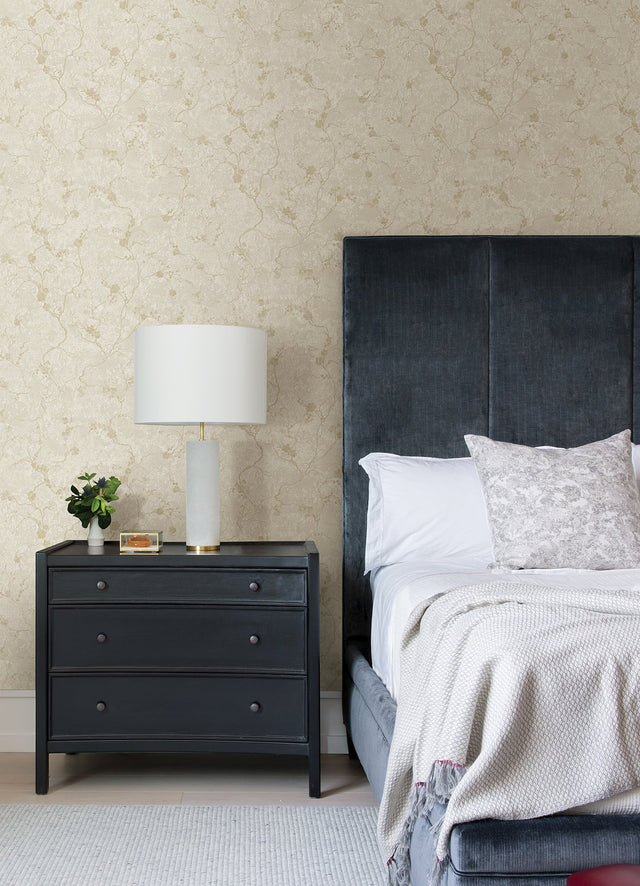 Mahina Pearl Floral Vine Wallpaper with Metallic Botanical Vine Motif - Brewster 4105-86648