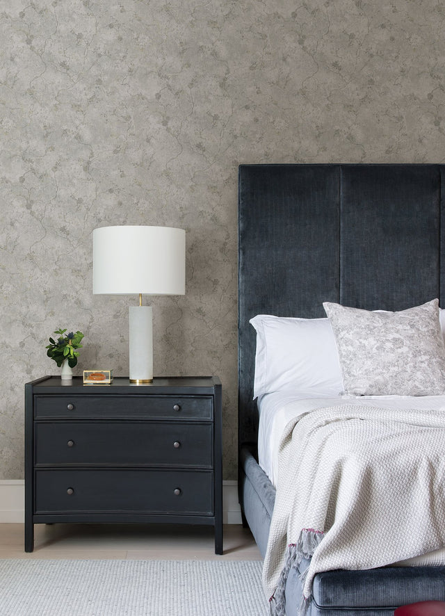 Mahina Pewter Floral Vine Wallpaper with Metallic Botanical Feature Wall - A-Street Prints 4105-86650
