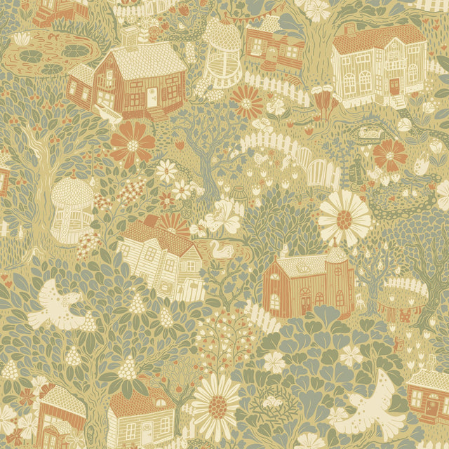 Bygga Bo Butter Woodland Village Wallpaper with Whimsical Botanical Pattern - A-Street Prints 4111-63002