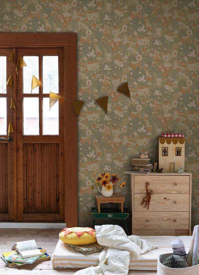Bygga Bo Butter Woodland Village Wallpaper with Whimsical Botanical Pattern - A-Street Prints 4111-63002