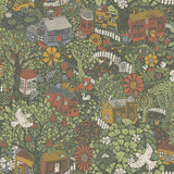 Bygga Bo Green Woodland Village Wallpaper with Botanical Whimsical Pattern - A-Street Prints 4111-63003