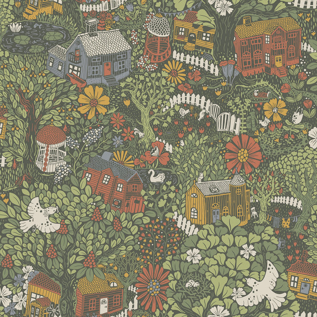 Bygga Bo Green Woodland Village Wallpaper with Botanical Whimsical Pattern - A-Street Prints 4111-63003
