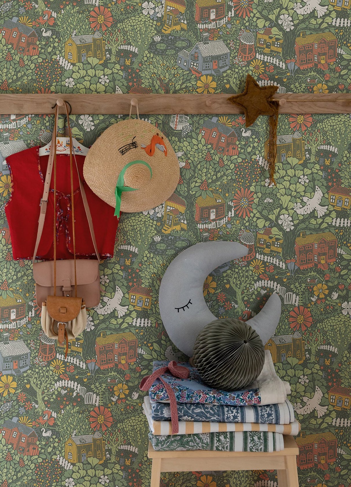 Bygga Bo Green Woodland Village Wallpaper with Botanical Whimsical Pattern - A-Street Prints 4111-63003
