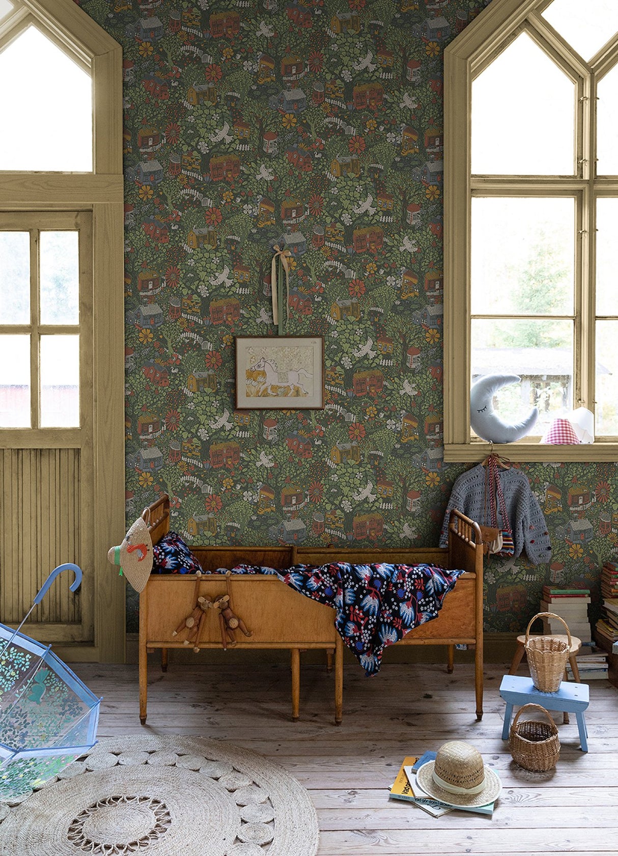 Bygga Bo Green Woodland Village Wallpaper with Botanical Whimsical Pattern - A-Street Prints 4111-63003