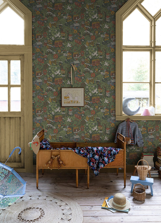 Bygga Bo Green Woodland Village Wallpaper with Botanical Whimsical Pattern - A-Street Prints 4111-63003