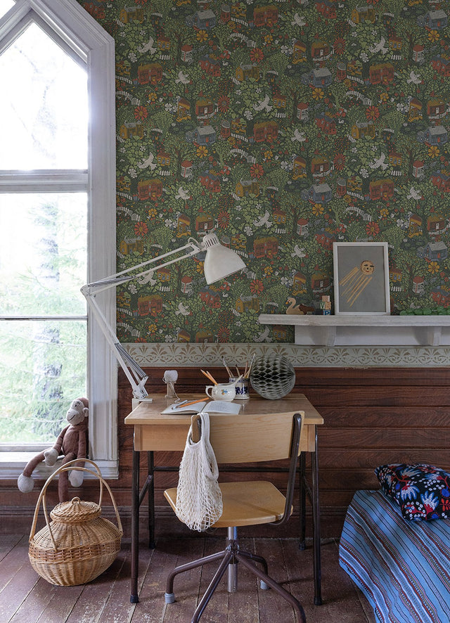 Bygga Bo Green Woodland Village Wallpaper with Botanical Whimsical Pattern - A-Street Prints 4111-63003