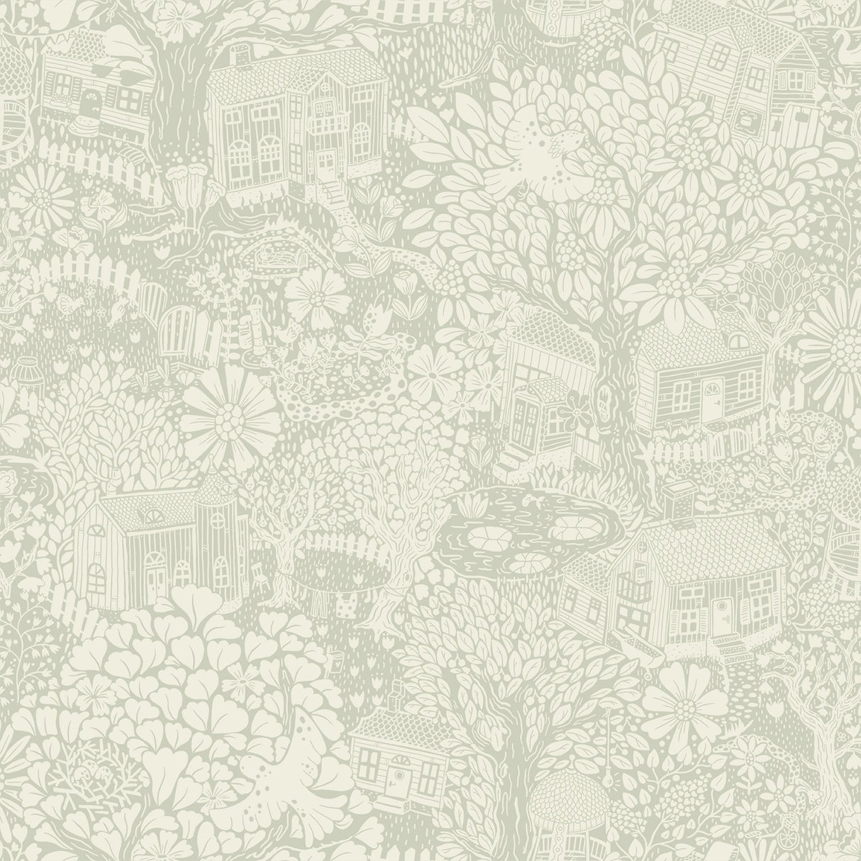 Bygga Bo Seafoam Woodland Village Whimsical Botanical Wallpaper - A-Street Prints 4111-63004
