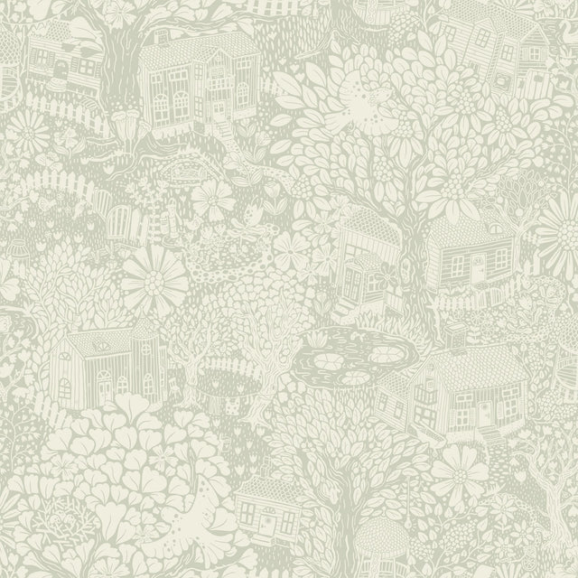 Bygga Bo Seafoam Woodland Village Whimsical Botanical Wallpaper - A-Street Prints 4111-63004