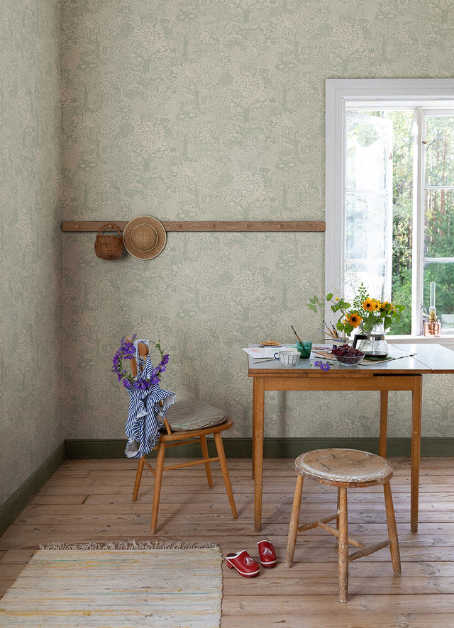 Bygga Bo Seafoam Woodland Village Whimsical Botanical Wallpaper - A-Street Prints 4111-63004