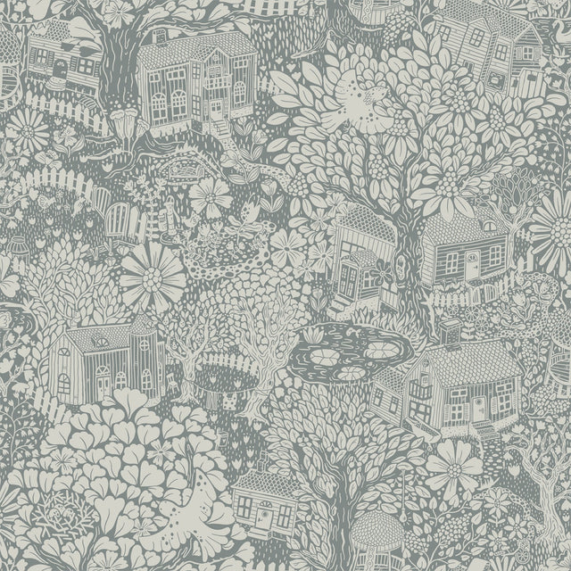 Bygga Bo Blue Woodland Village Wallpaper with Whimsical Botanical Pattern - A-Street Prints 4111-63005